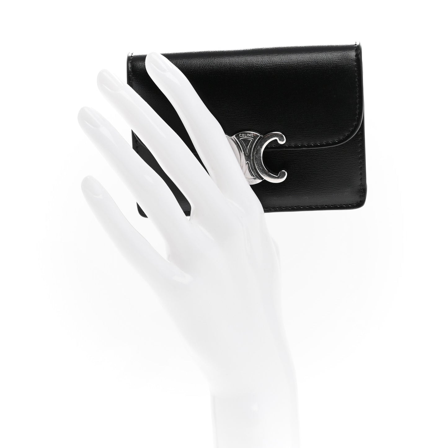 Shiny Calfskin Triomphe Flap Card Holder Black