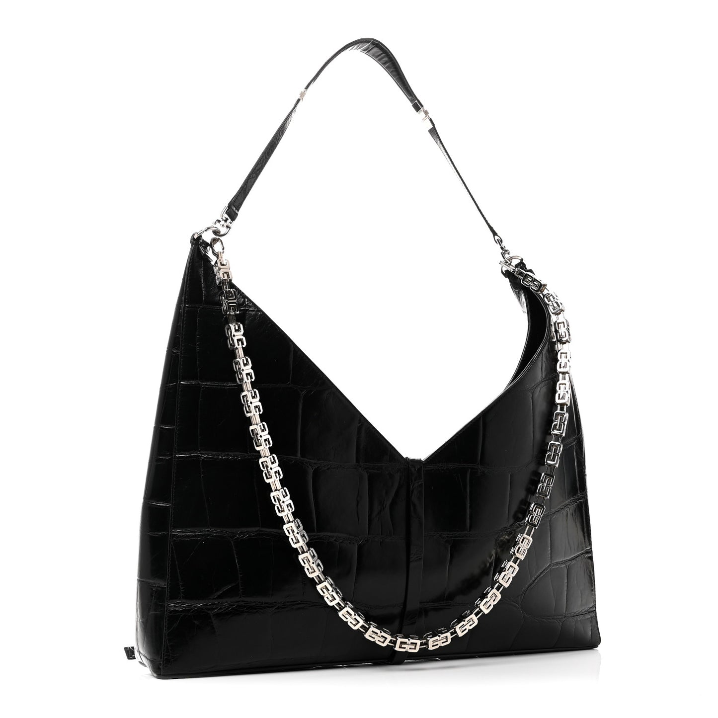 Calfskin Crocodile Embossed Large Cut Out Shoulder Bag Black