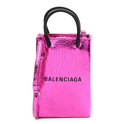 Balenciaga Metallic Calfskin Logo Shopping Phone Holder Bag Acid Fuchsia 1 of 10