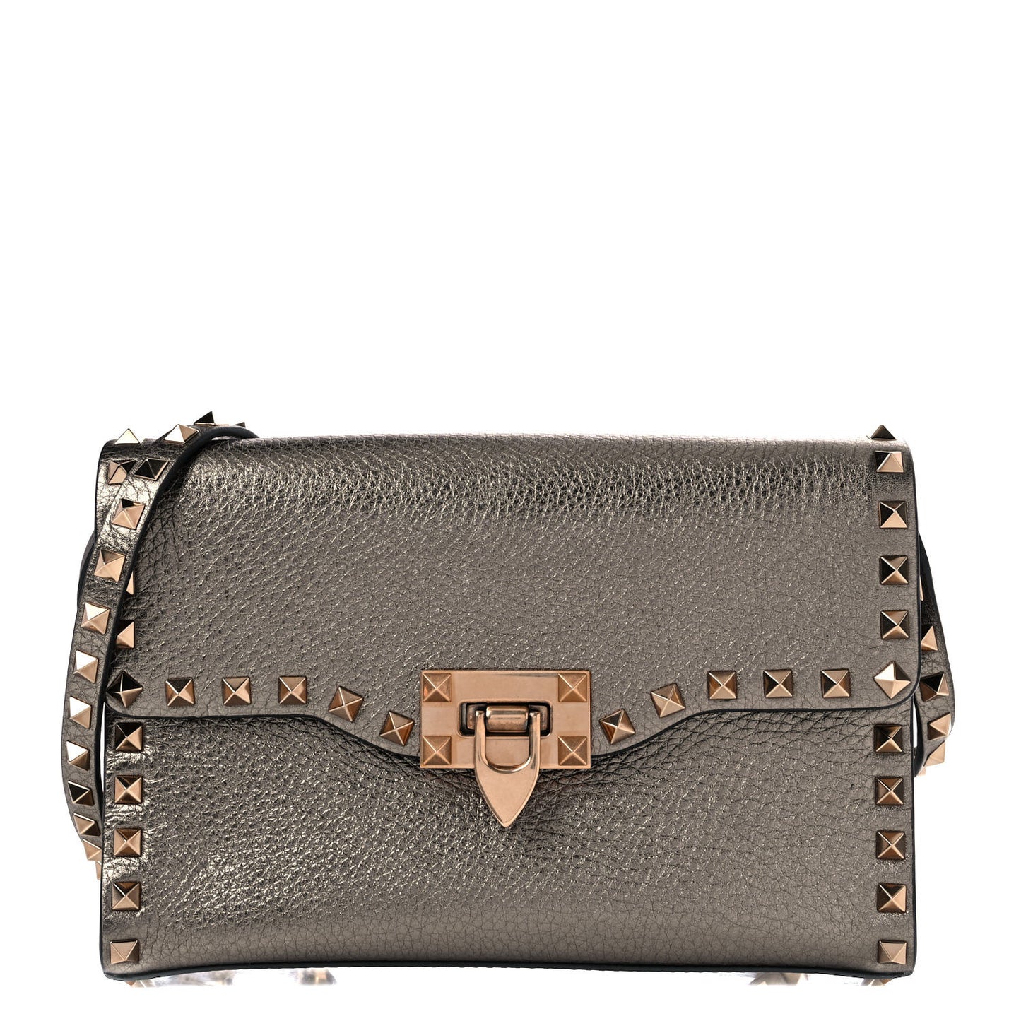 Metallic Pebbled Calfskin Medium Rockstud Flip Lock Crossbody Bag Sasso