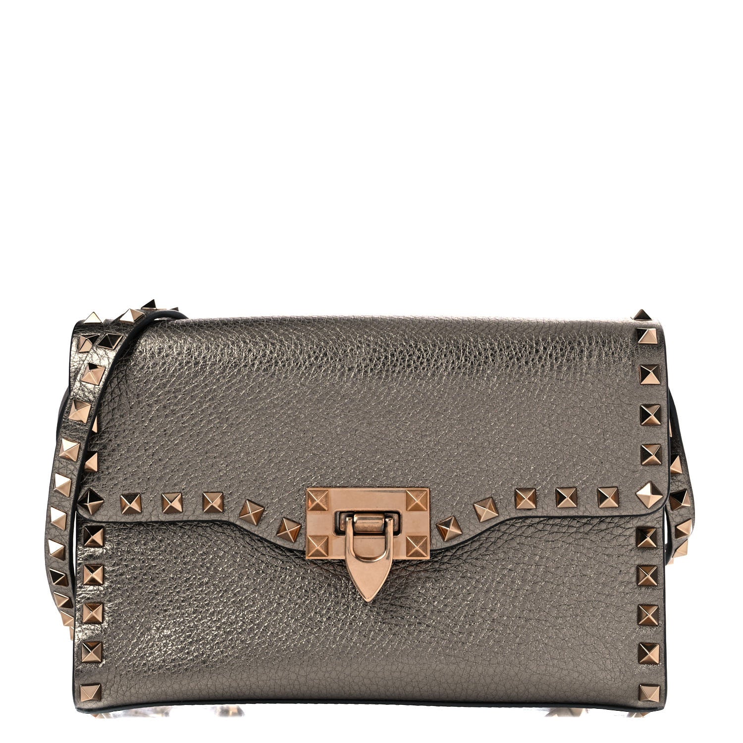 Valentino Garavani Metallic Pebbled Calfskin Medium Rockstud Flip Lock Crossbody Bag Sasso 1 of 14