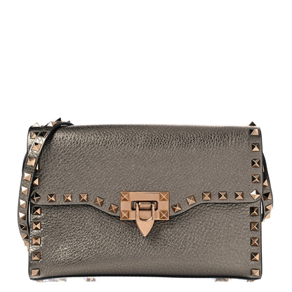Valentino Garavani Metallic Pebbled Calfskin Medium Rockstud Flip Lock Crossbody Bag Sasso 1 of 14