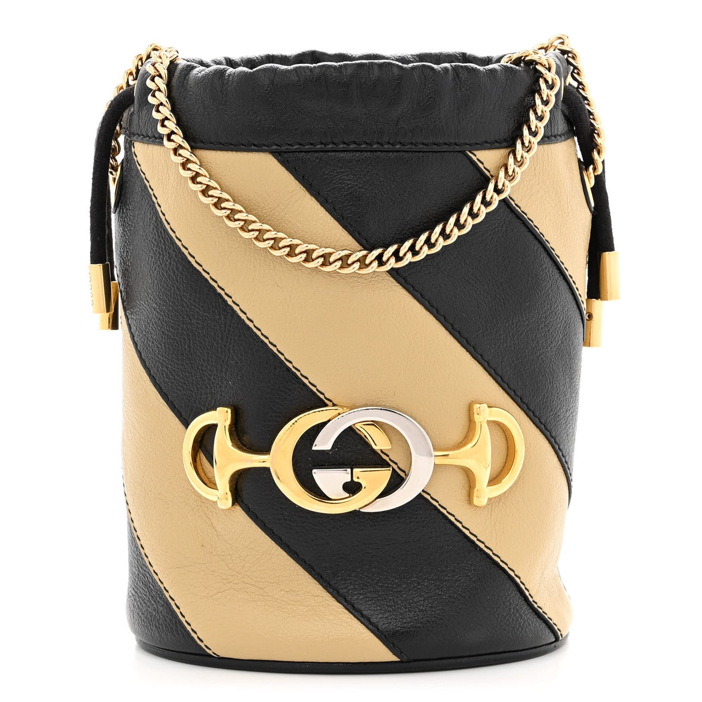 Calfskin Diagonal Striped Mini Zumi Bucket Bag Black Beige