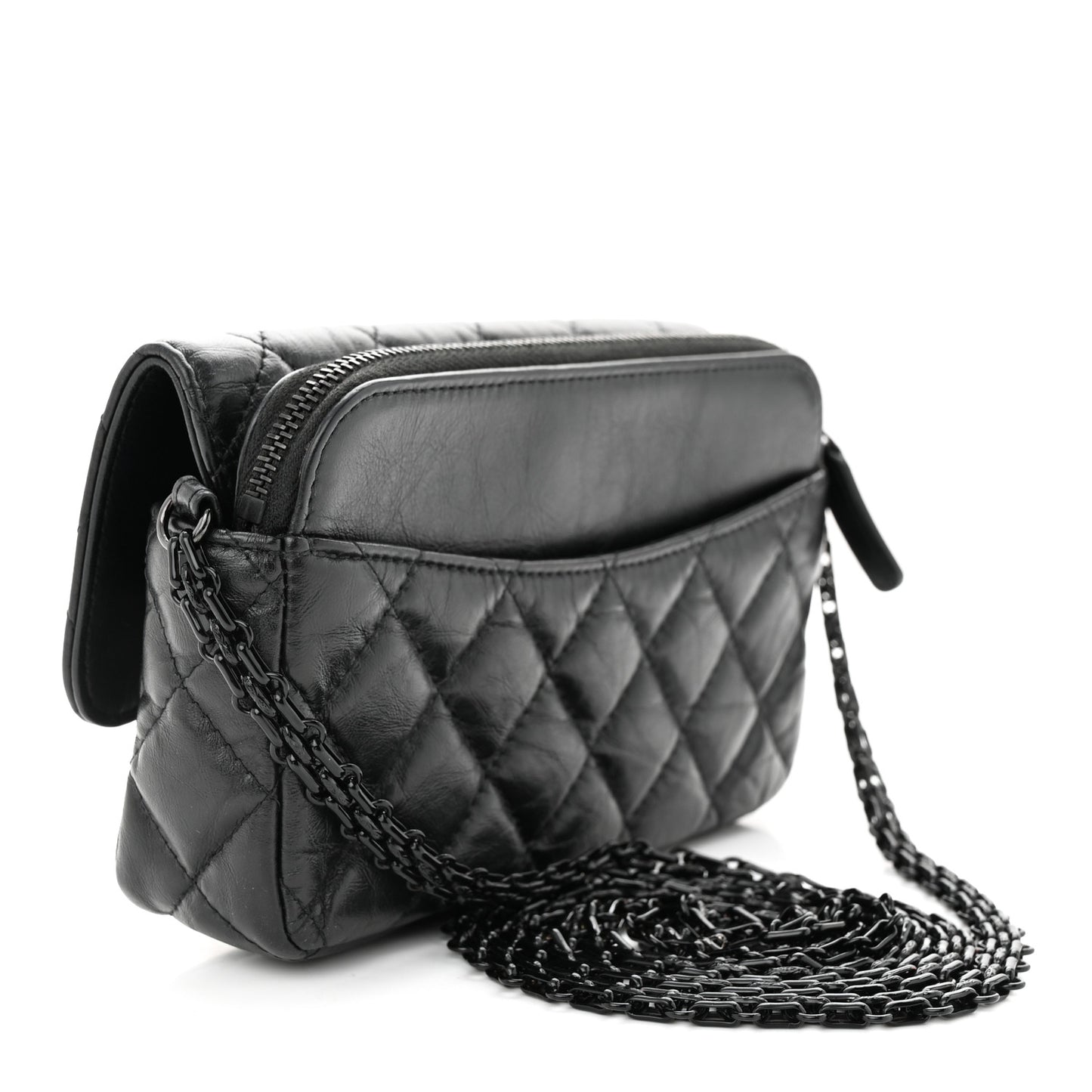 Aged Calfskin Quilted 2.55 Reissue Phone Holder With Chain So Black
