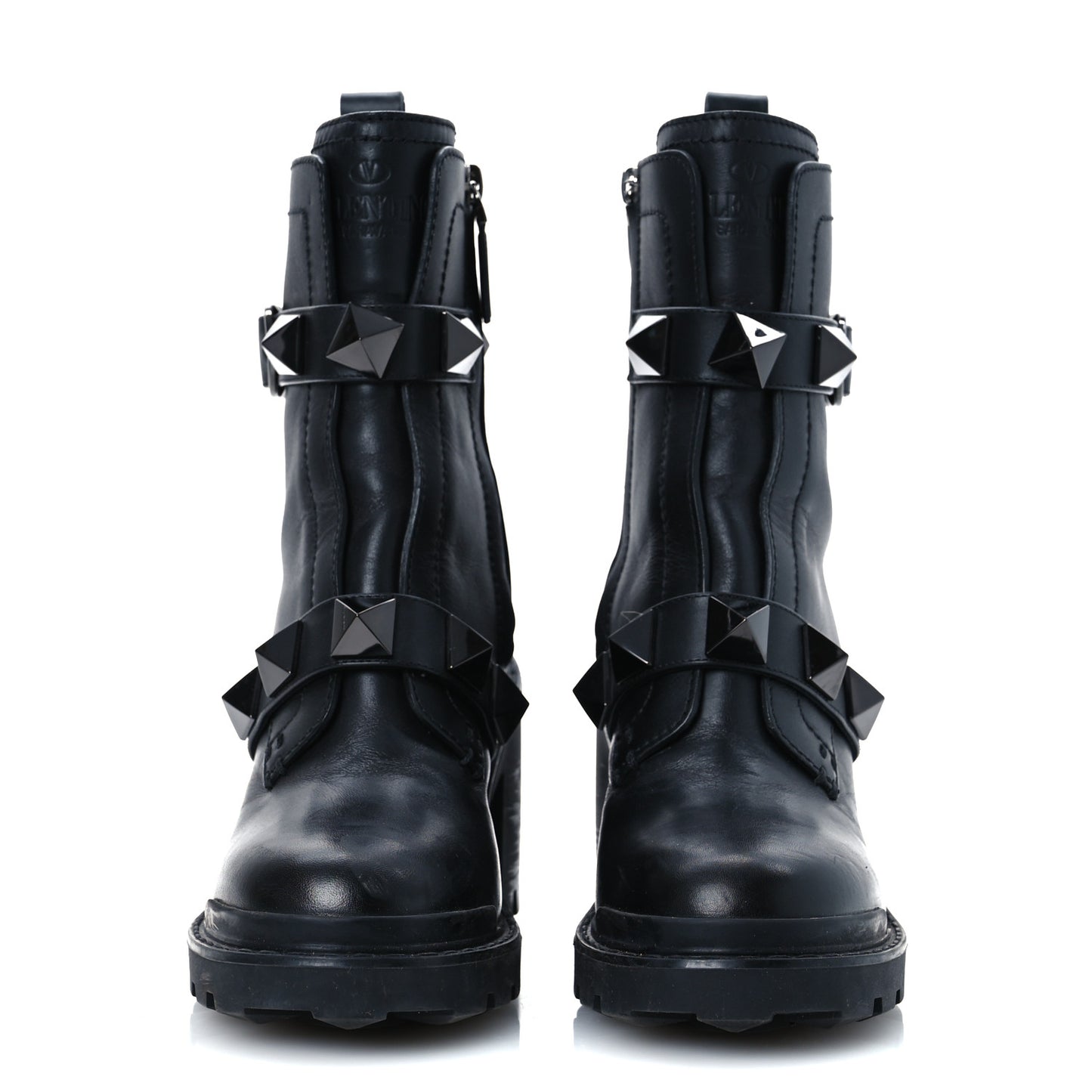 Calfskin Tonal Roman Stud Combat Boots 35.5 Black
