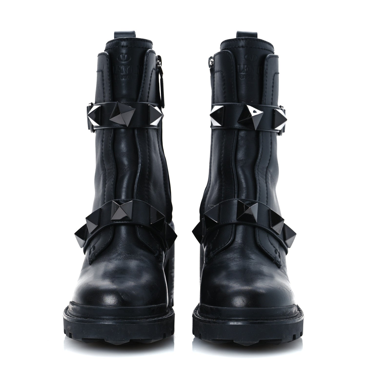Valentino Garavani Calfskin Tonal Roman Stud Combat Boots 35.5 Black 3 of 14