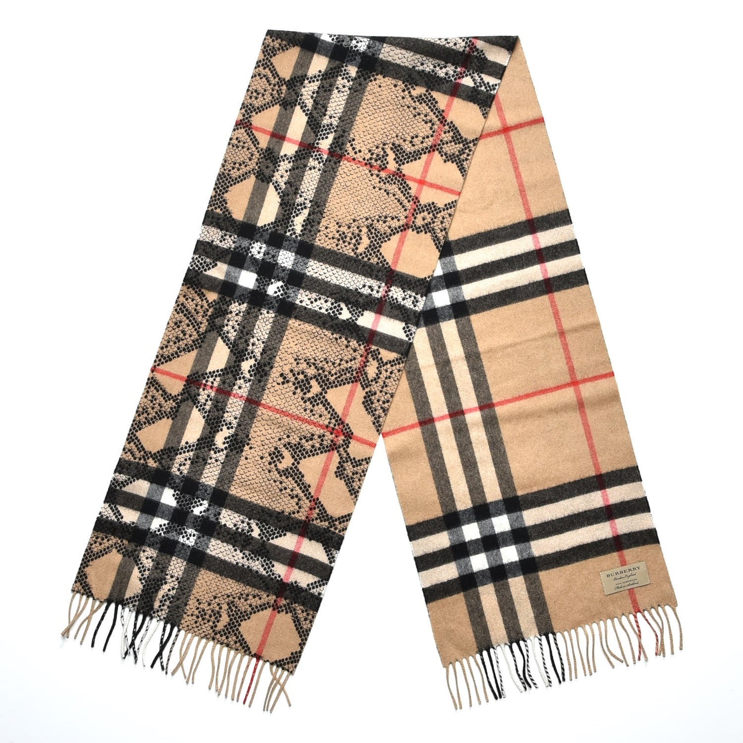 Cashmere Giant Python Check Fringe Scarf Camel