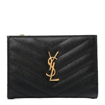 Saint Laurent Grain De Poudre Matelasse Chevron Monogram Zipped Two-Part Wallet Black 1 of 7