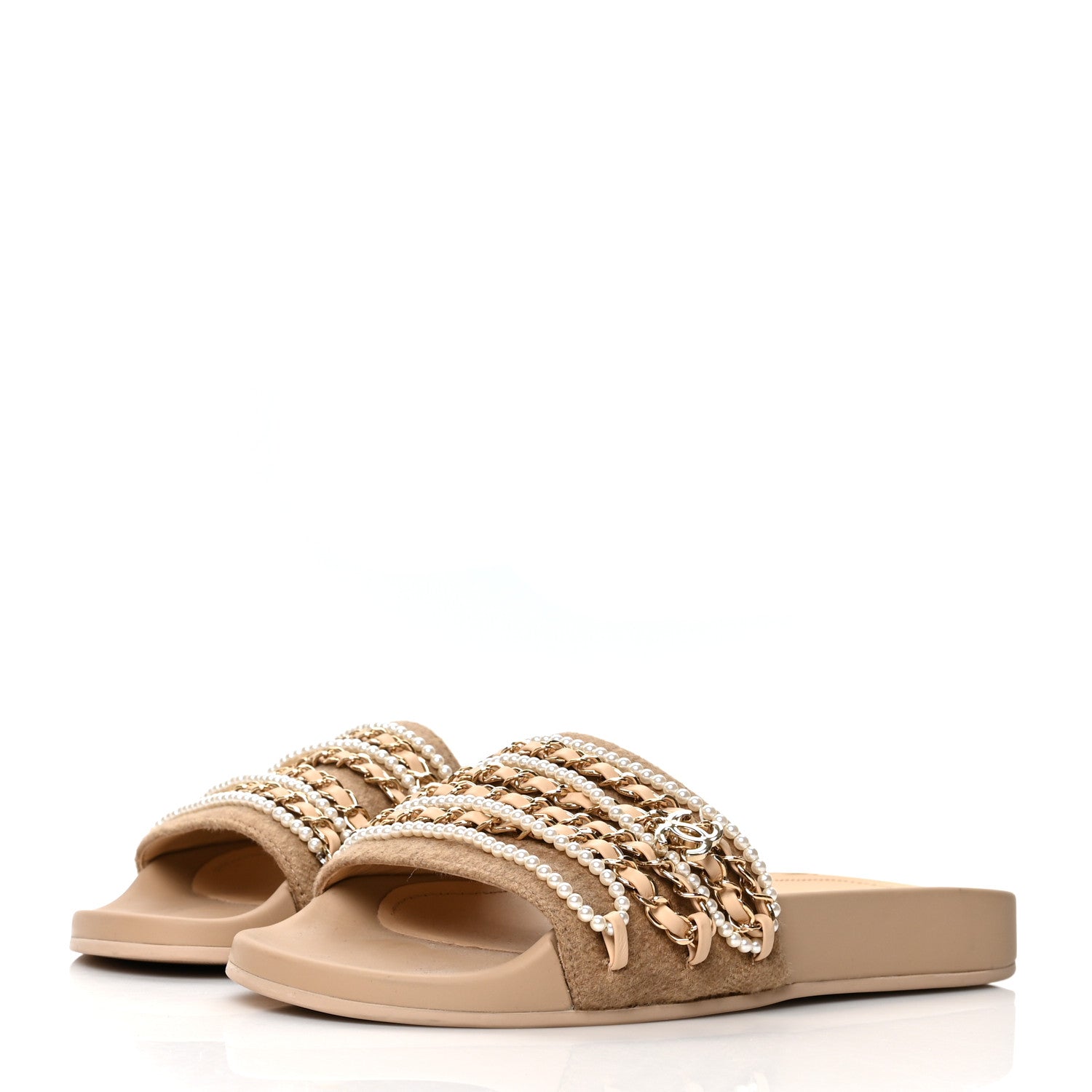Chanel Felt Pearl Lambskin Chain Flat Sandals 38 Beige 3 of 8