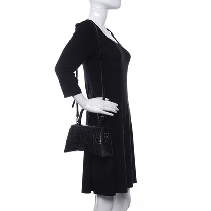 Balenciaga Shiny Calfskin Monochrome Crocodile Embossed Small Hourglass Top Handle Bag Black 2 of 8