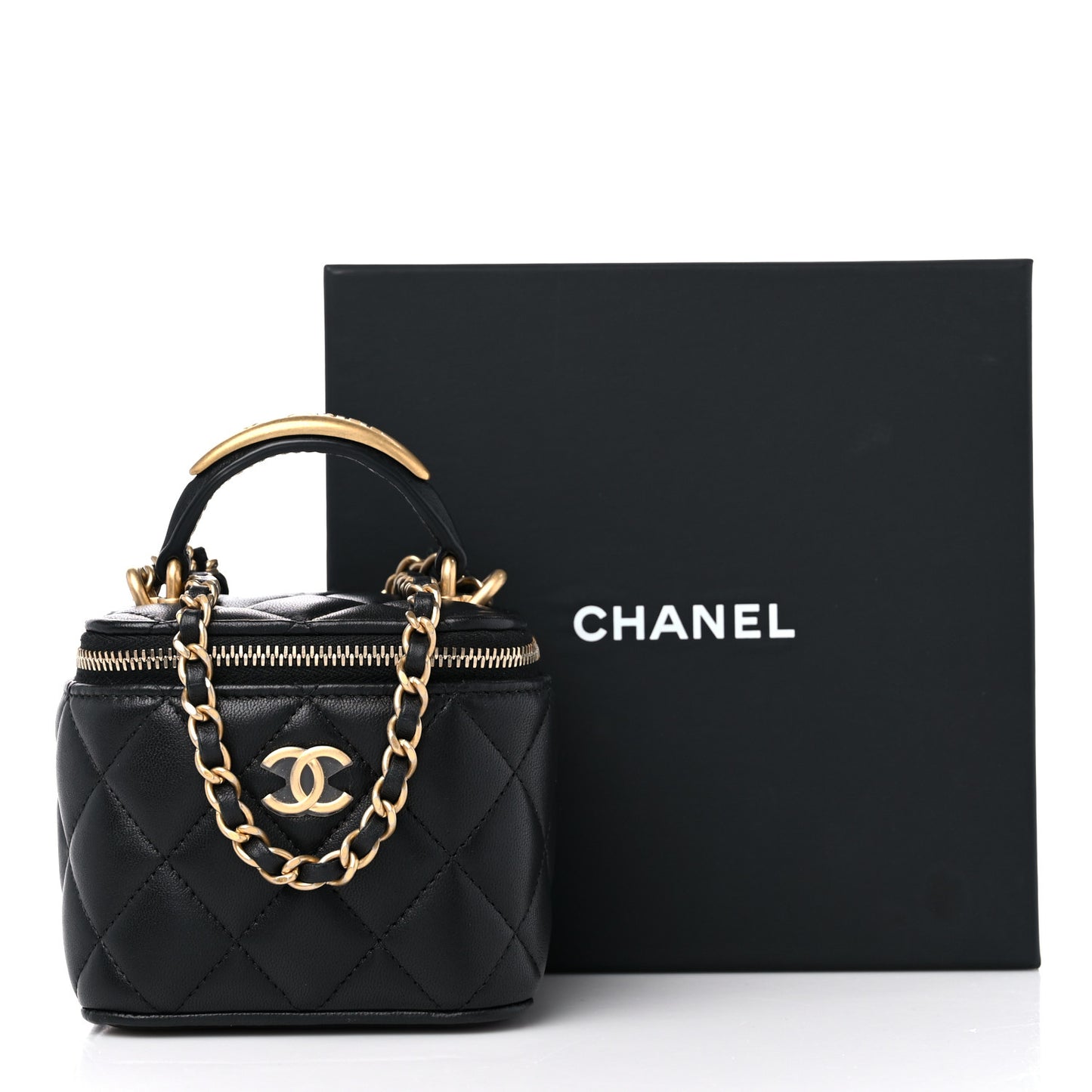 Lambskin Quilted Metal Mini Top Handle Vanity Case With Chain Black