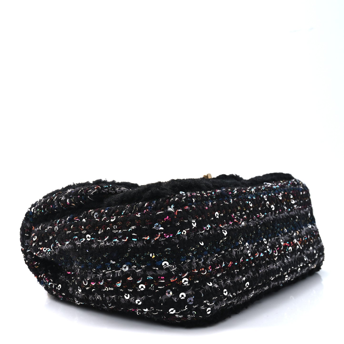 Shearling Sequin Tweed Quilted Single Flap Black