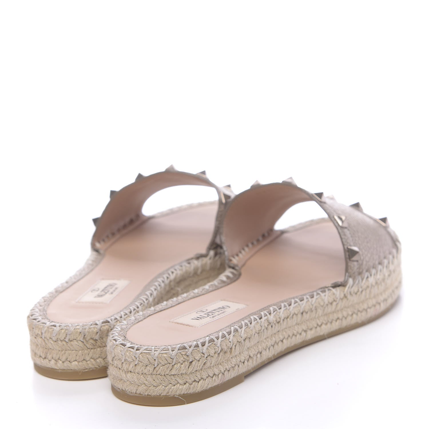 Valentino Garavani Metallic Grained Calfskin Rockstud Espadrille Flat Slide Sandals 39 Skin Natural 4 of 9