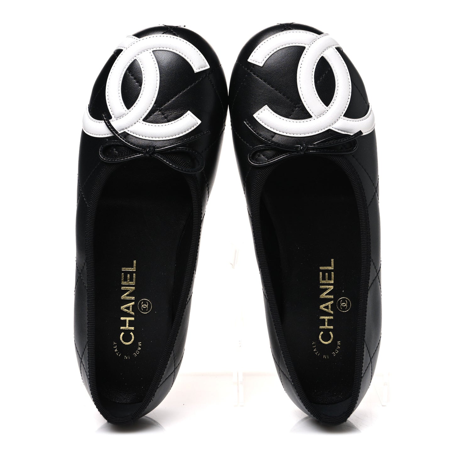 Lambskin Quilted CC Cambon Ballet Flats 38 Black White