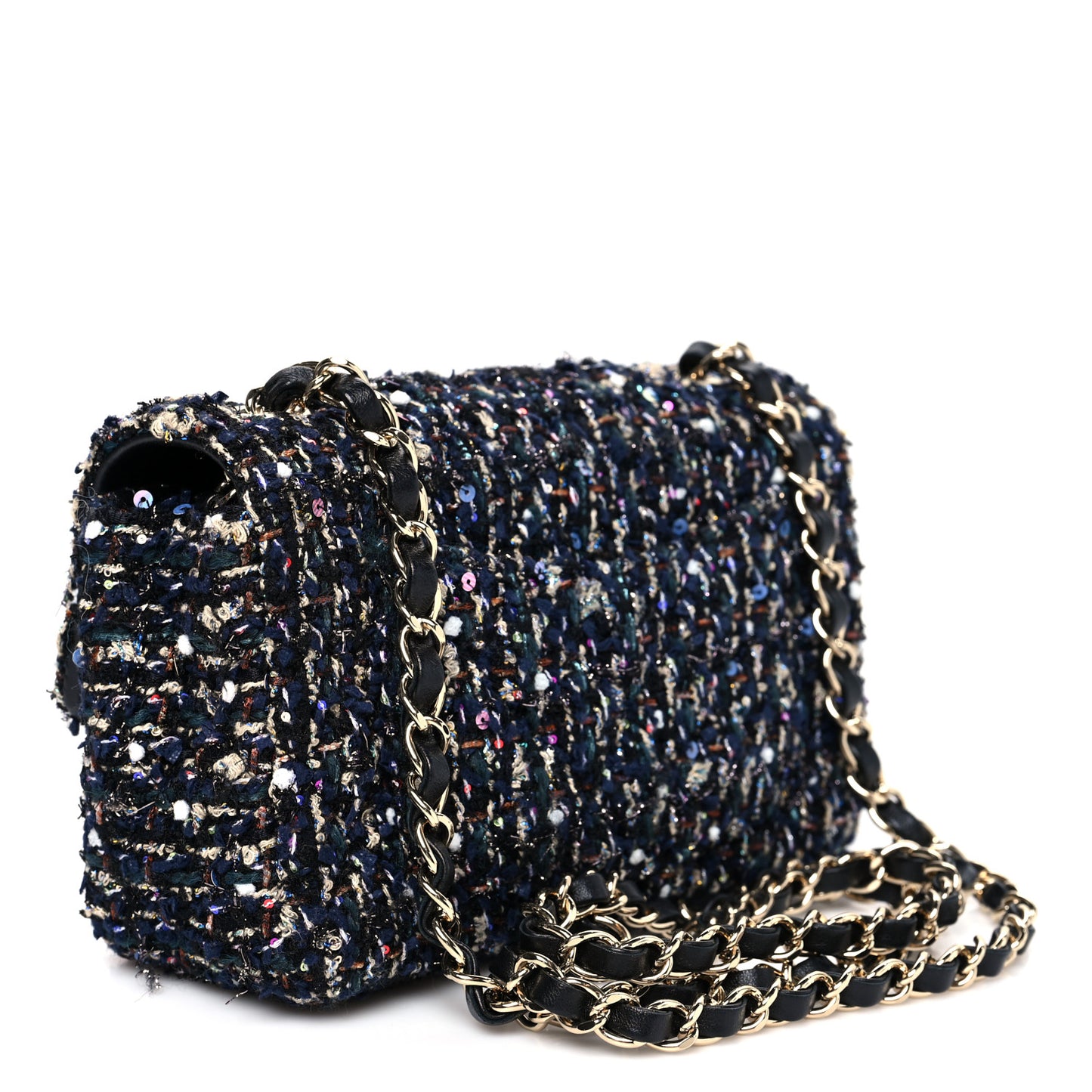 Glittered Tweed Quilted Mini Rectangular Flap Navy Blue Multicolor