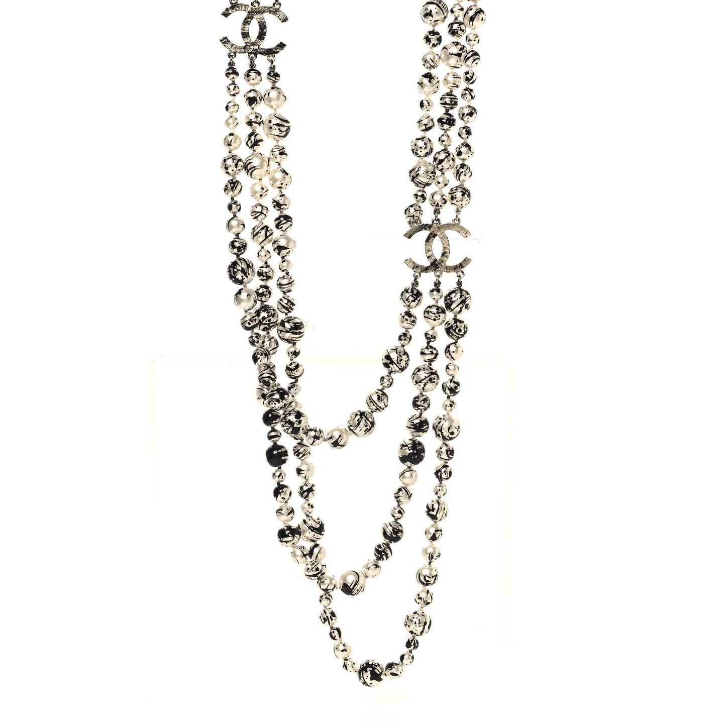 Pearl CC Graffiti 3 Strand Long Necklace Black Gold