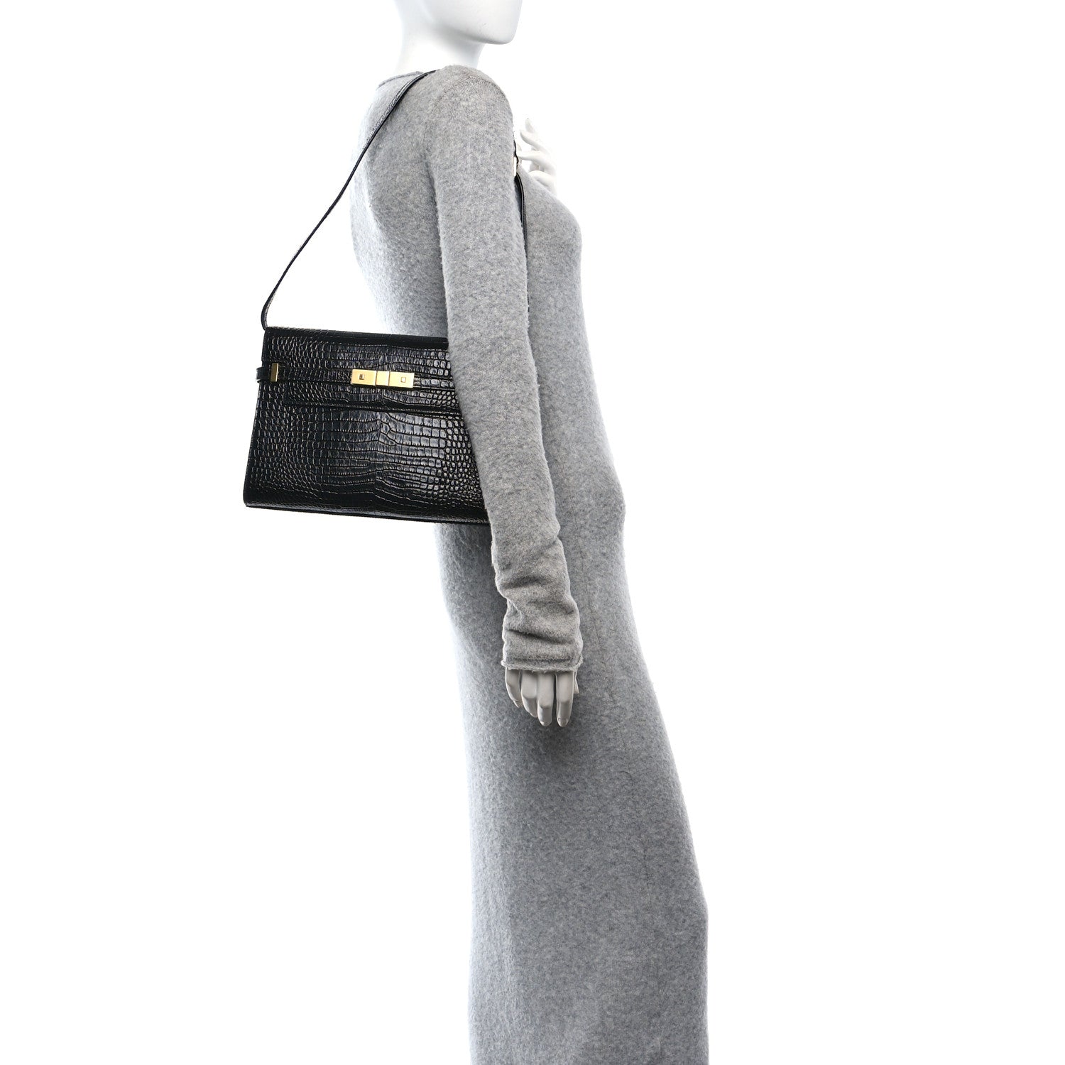 Saint Laurent Shiny Calfskin Crocodile Embossed Manhattan Baguette Black 2 of 12