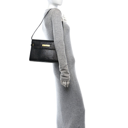 Saint Laurent Shiny Calfskin Crocodile Embossed Manhattan Baguette Black 2 of 12