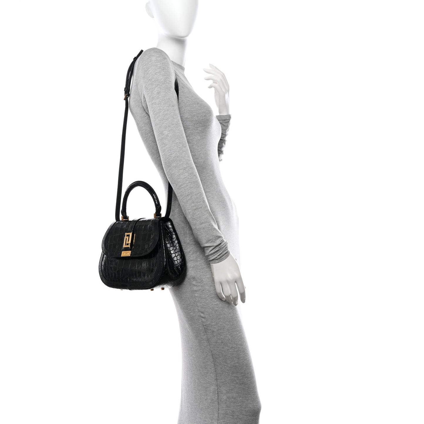 Calfskin Crocodile Embossed Greca Goddess Top Handle Bag Black