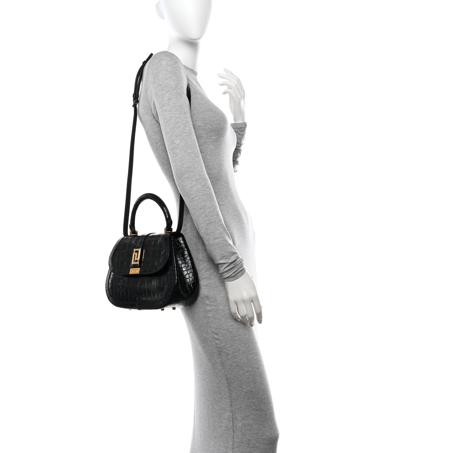 Versace Calfskin Crocodile Embossed Greca Goddess Top Handle Bag Black 2 of 11
