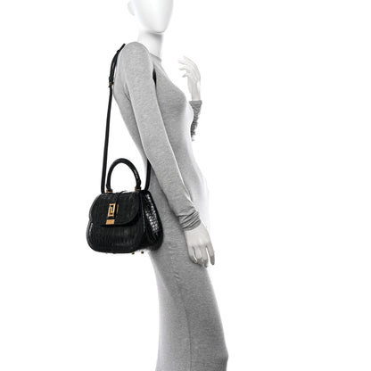 Versace Calfskin Crocodile Embossed Greca Goddess Top Handle Bag Black 2 of 11