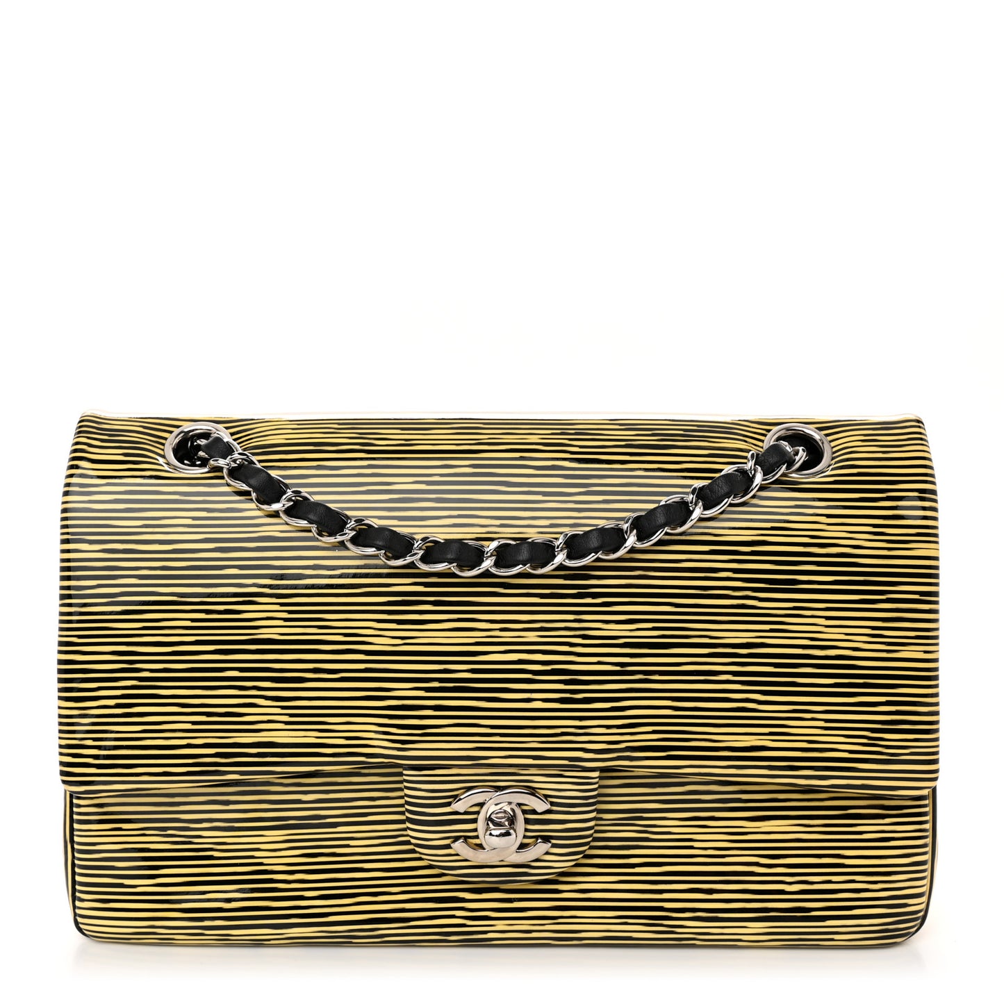 Patent Calfskin Striped Medium Double Flap Yellow Black