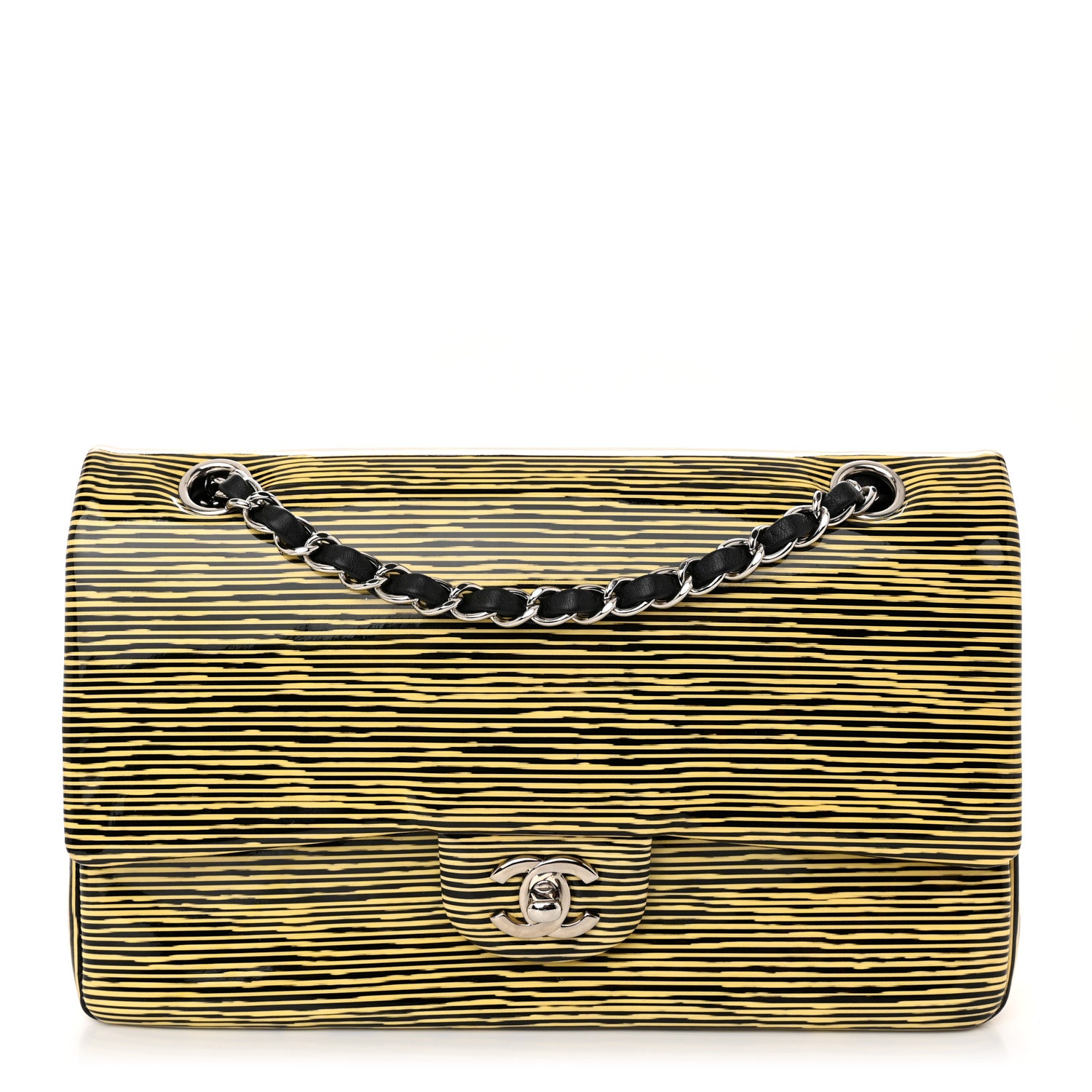 Chanel Patent Calfskin Striped Medium Double Flap Yellow Black 1 of 10