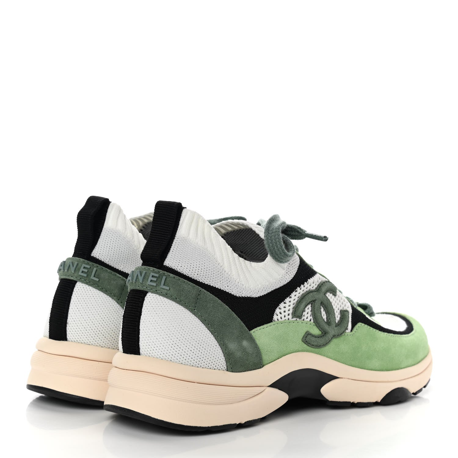 Chanel Knit Suede Fabric Womens CC Sneakers 41 Green Dark Green White Black 4 of 9
