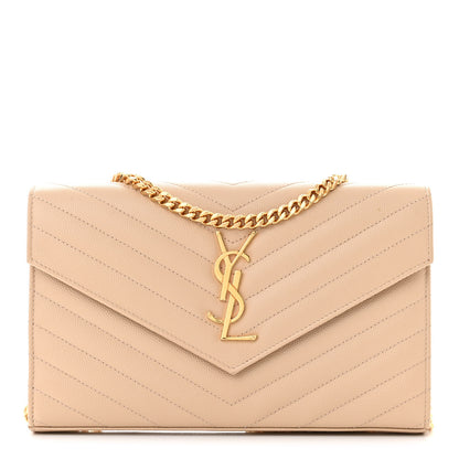 Saint Laurent Grain De Poudre Matelasse Chevron Monogram Chain Wallet Dark Beige 1 of 13