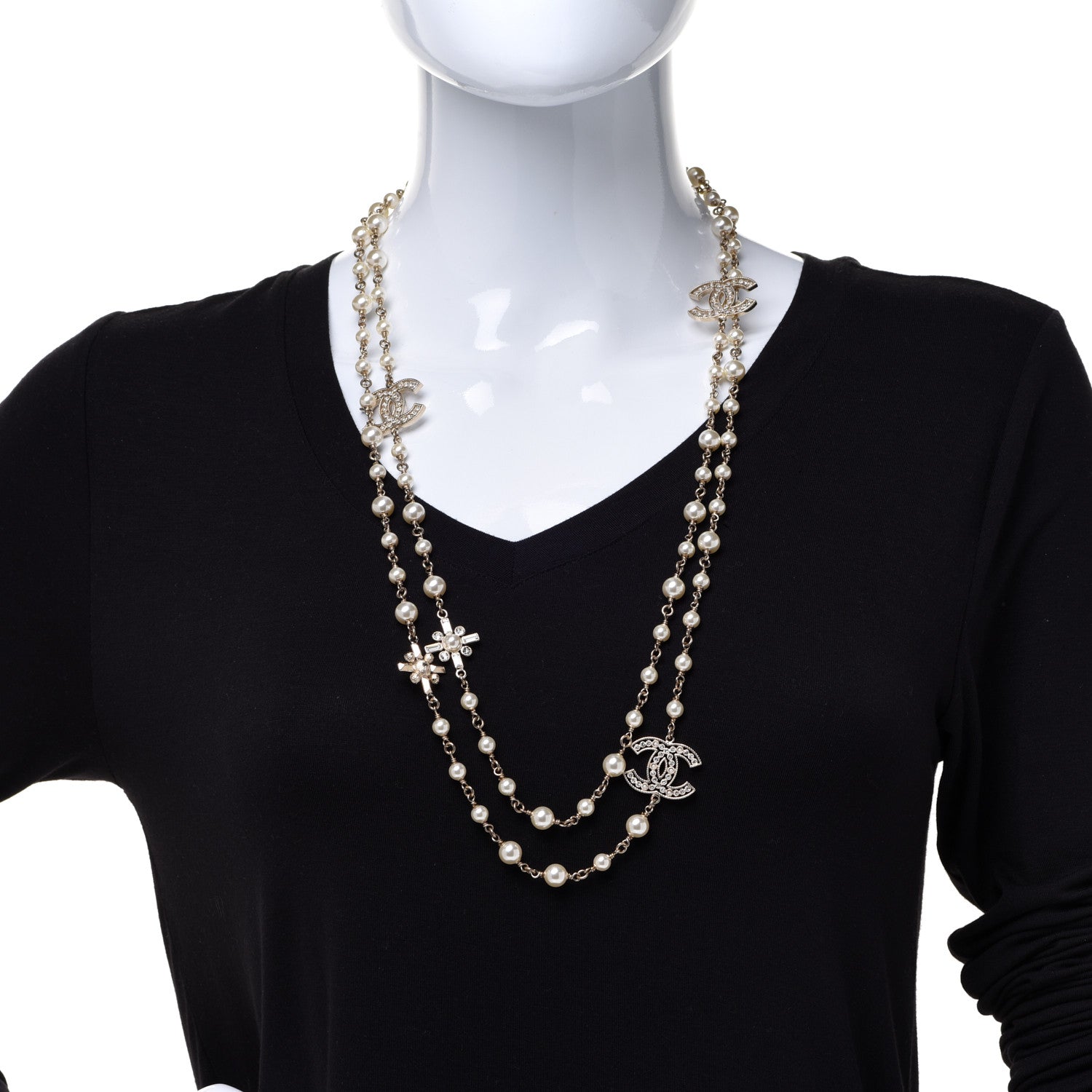 Chanel Crystal Baguette Pearl CC Cross Necklace Gold 2 of 7