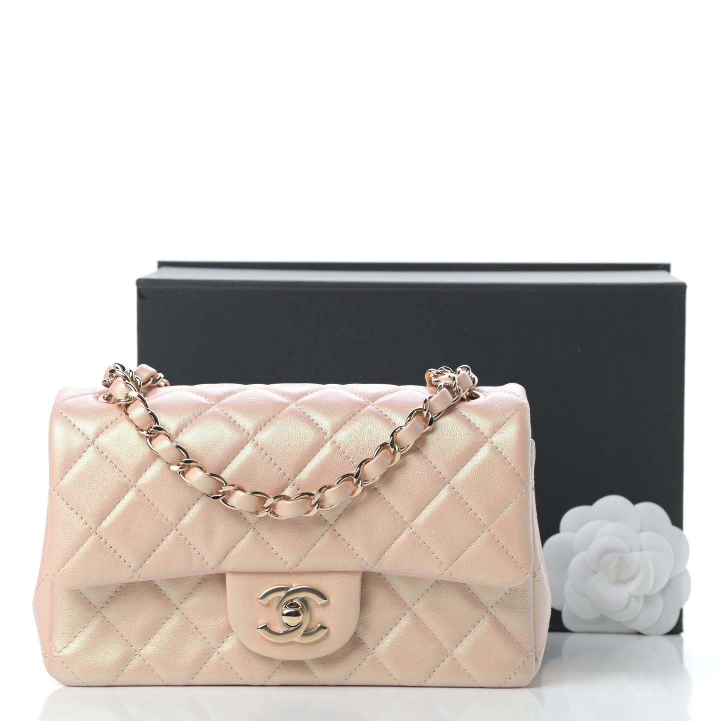 Iridescent Calfskin Quilted Mini Rectangular Flap Beige