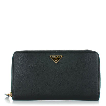Prada Saffiano Triangle Large Zip Around Travel Wallet Nero Black 1 of 8