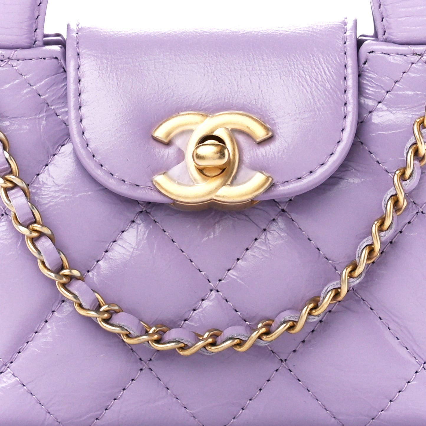 Shiny Aged Calfskin Quilted Mini Nano Kelly Shopper Lilac