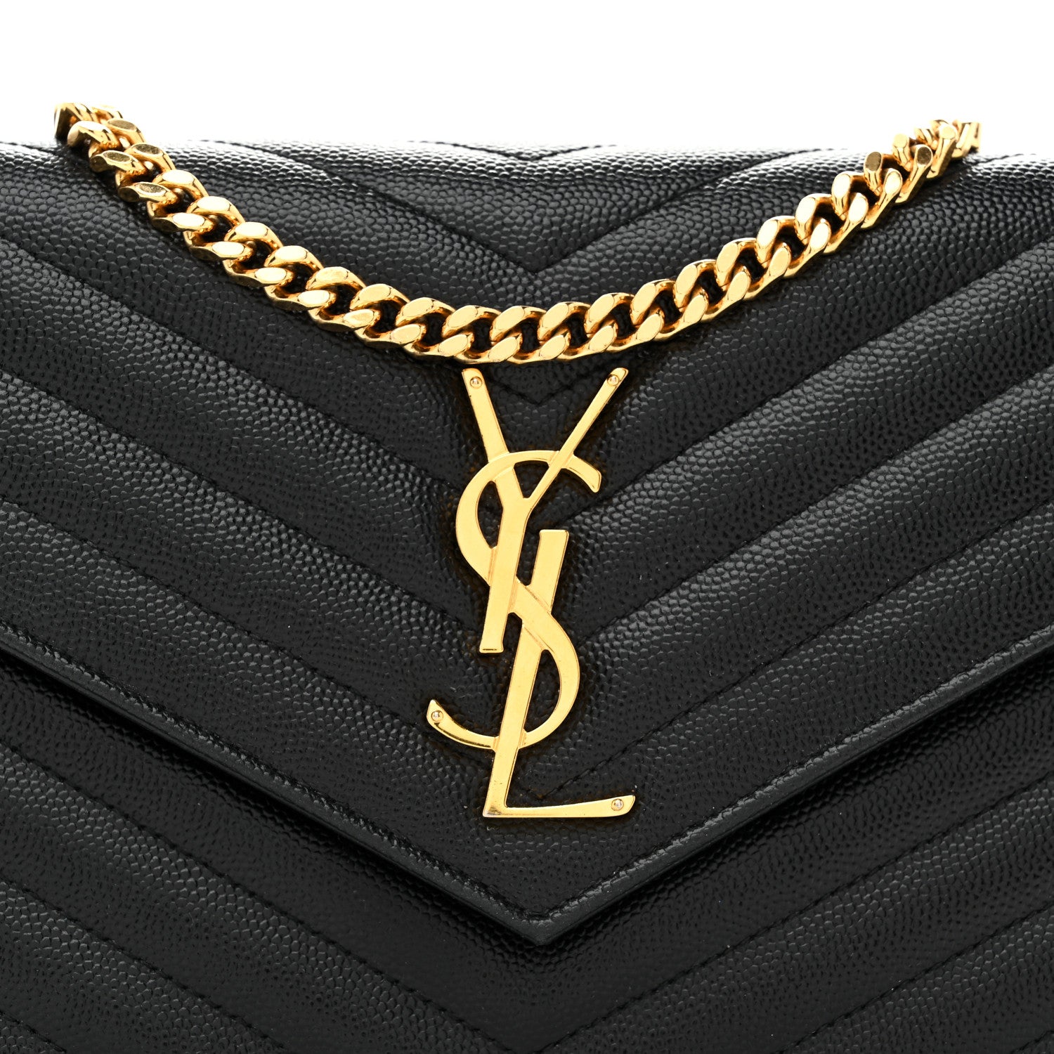 Saint Laurent Grain De Poudre Matelasse Chevron Monogram Chain Wallet Black 9 of 12