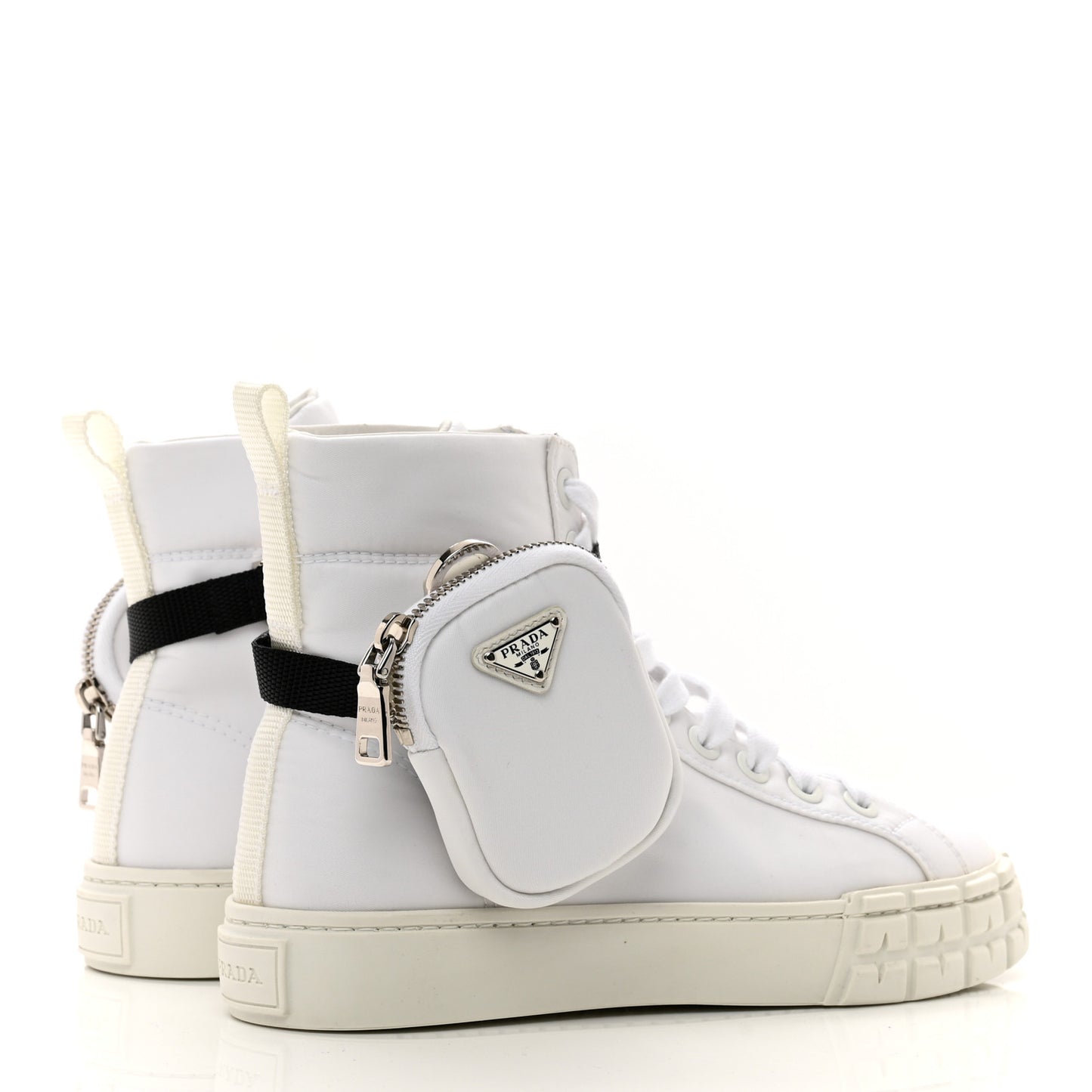Re-Nylon Gabardine Metal Triangle Logo Wheel Pouch Pocket High Top Sneakers 38 White