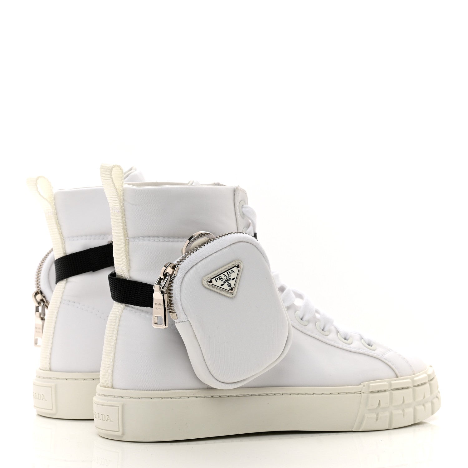 Prada Re-Nylon Gabardine Metal Triangle Logo Wheel Pouch Pocket High Top Sneakers 38 White 4 of 10