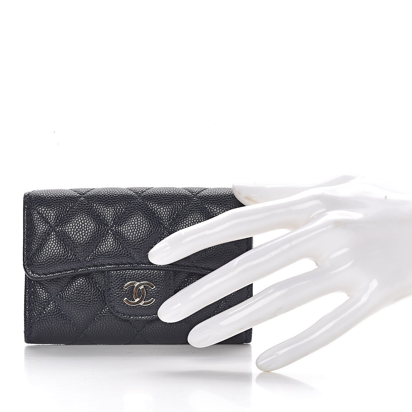 Caviar Quilted Flap Card Holder Wallet Navy Blue