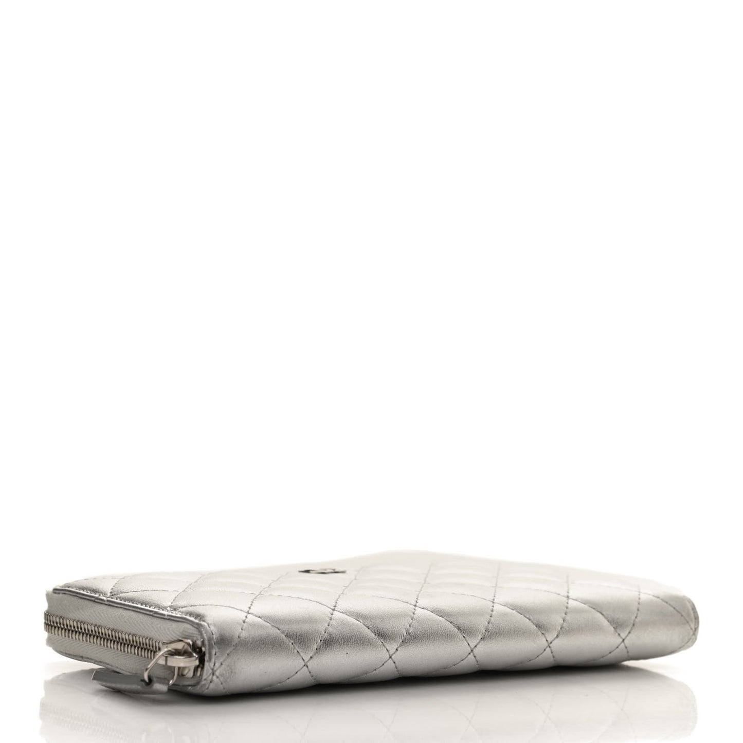 Metallic Lambskin Quilted Large Gusset Zip Around Wallet Silver