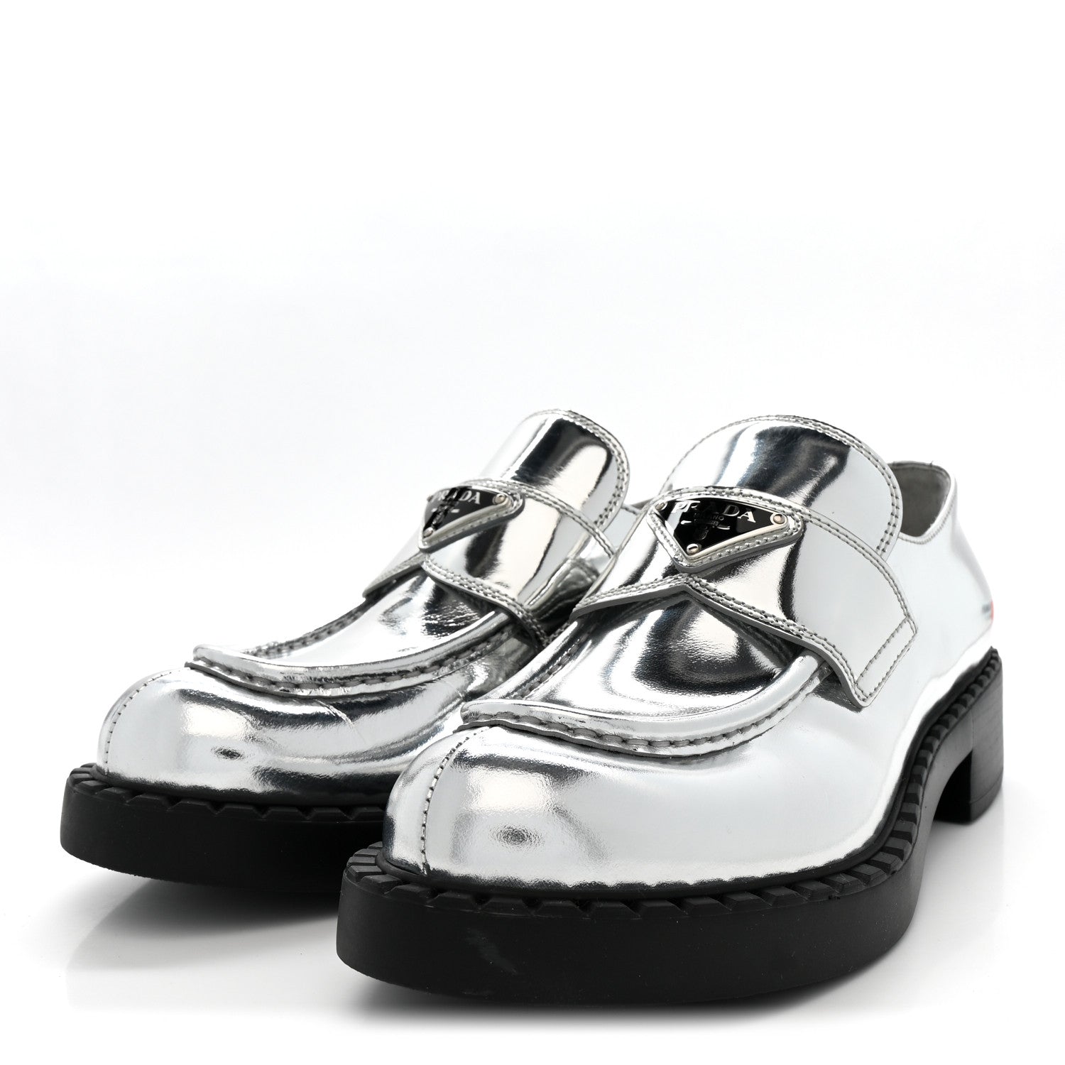 Prada Metallic Brushed Calfskin Metal Triangle Logo 50mm Loafers 39 Argento 4 of 10
