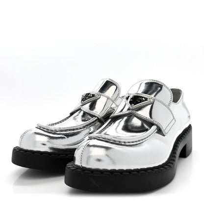 Prada Metallic Brushed Calfskin Metal Triangle Logo 50mm Loafers 39 Argento 4 of 10