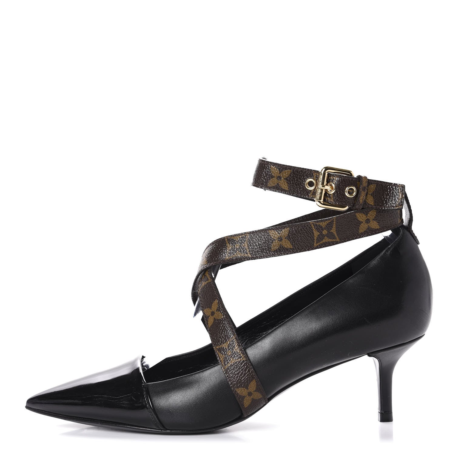 Louis Vuitton Calfskin Patent Monogram Cross Strap Pumps 39 Black 1 of 11