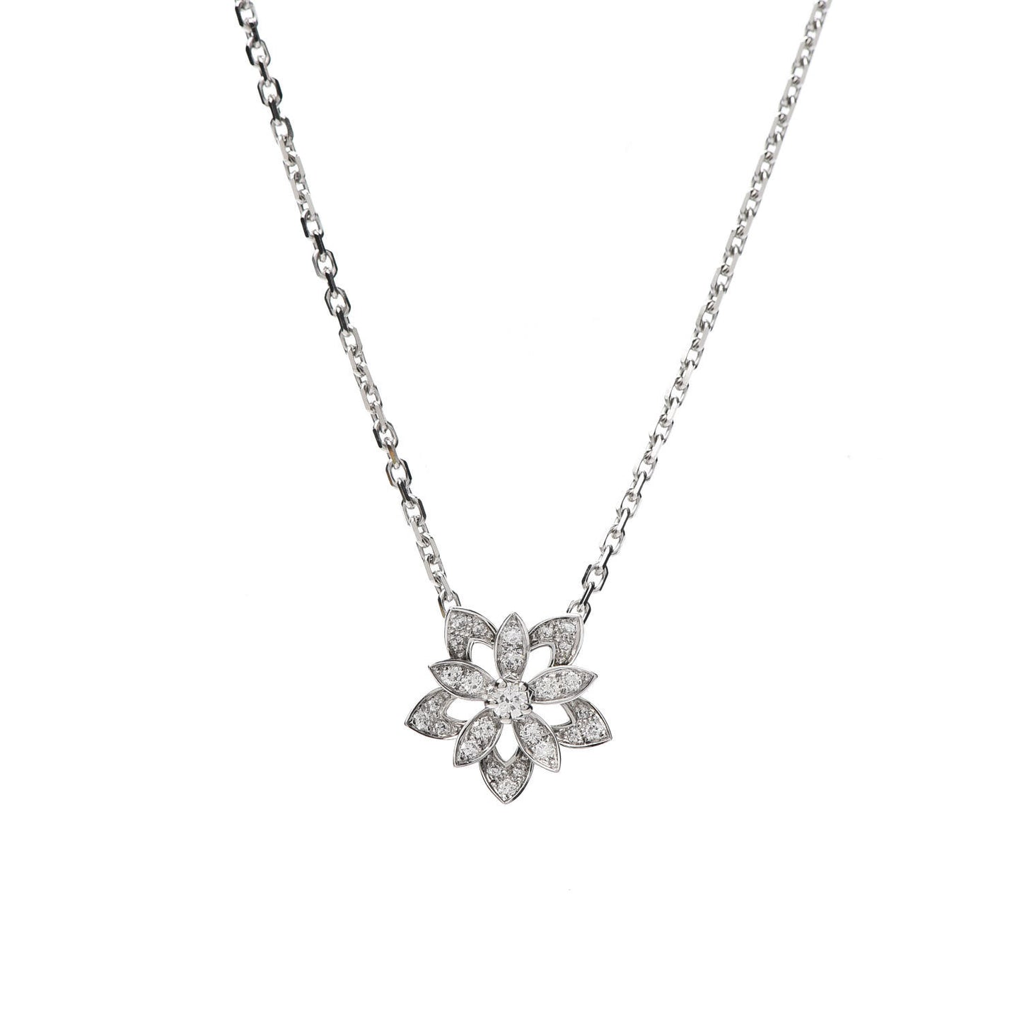 18K White Gold Diamond Mini Lotus Pendant Necklace