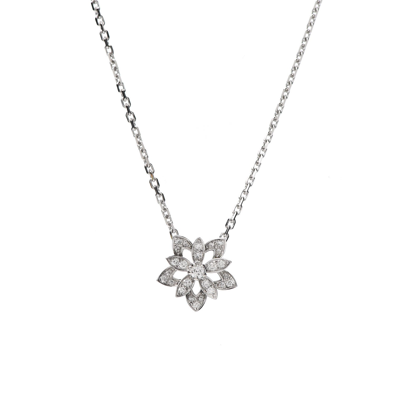 Van Cleef & Arpels 18K White Gold Diamond Mini Lotus Pendant Necklace 4 of 8