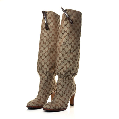Gucci Monogram Lisa Mid Heel Boots 37.5 Beige Ebony 3 of 6