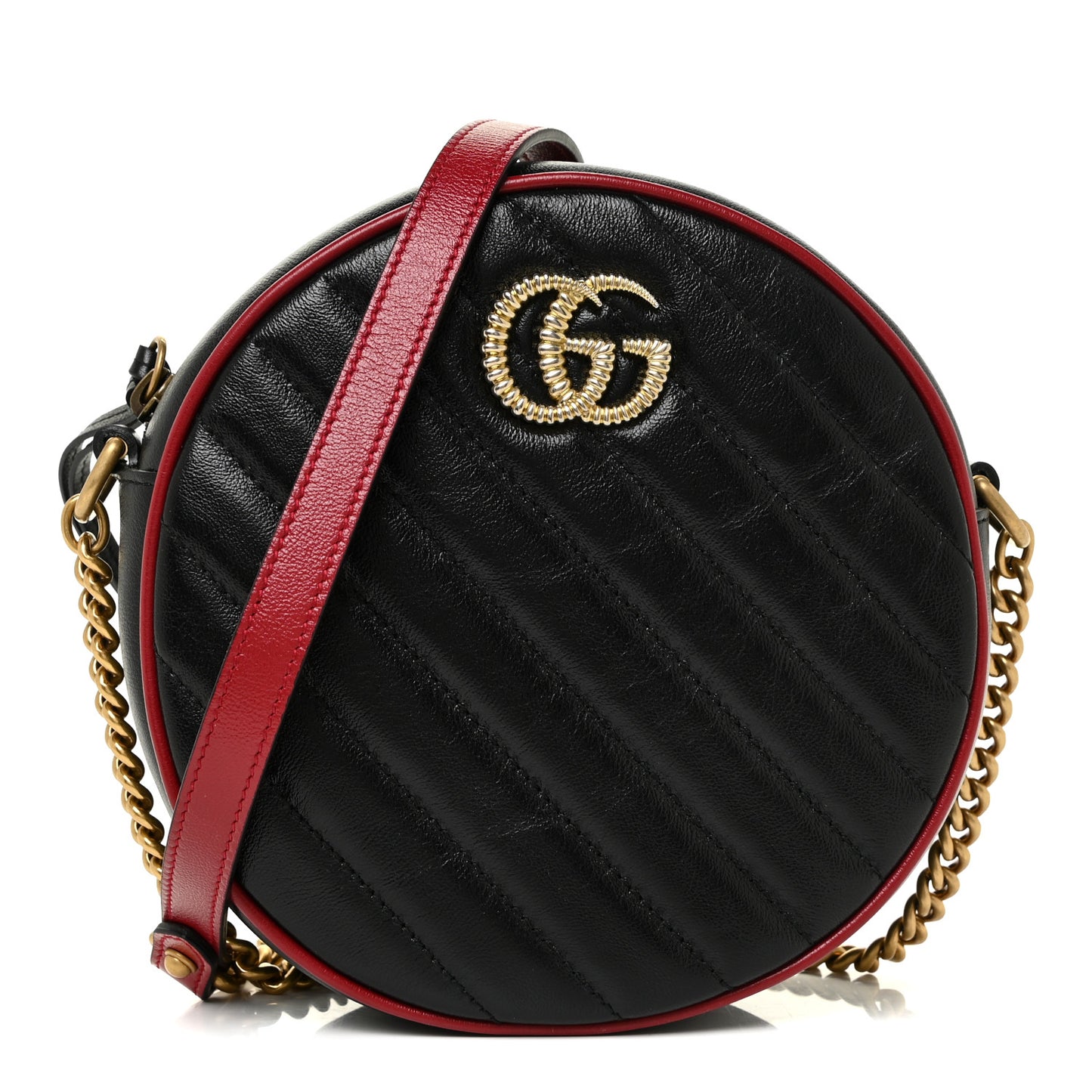 Vintage Effect Calfskin Matelasse Diagonal Mini Torchon GG Marmont Round Shoulder Bag Black Romantic Cherry