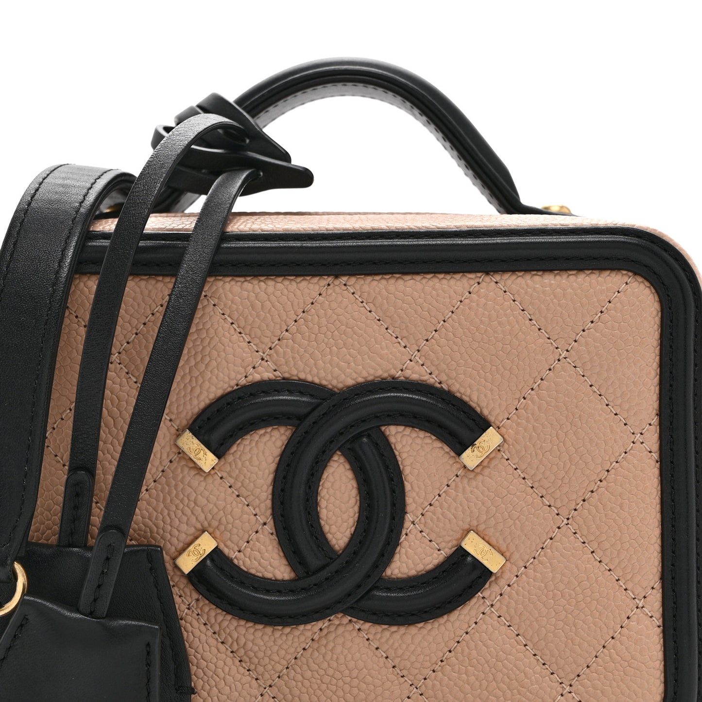 Caviar Quilted Small CC Filigree Vanity Case Beige Black