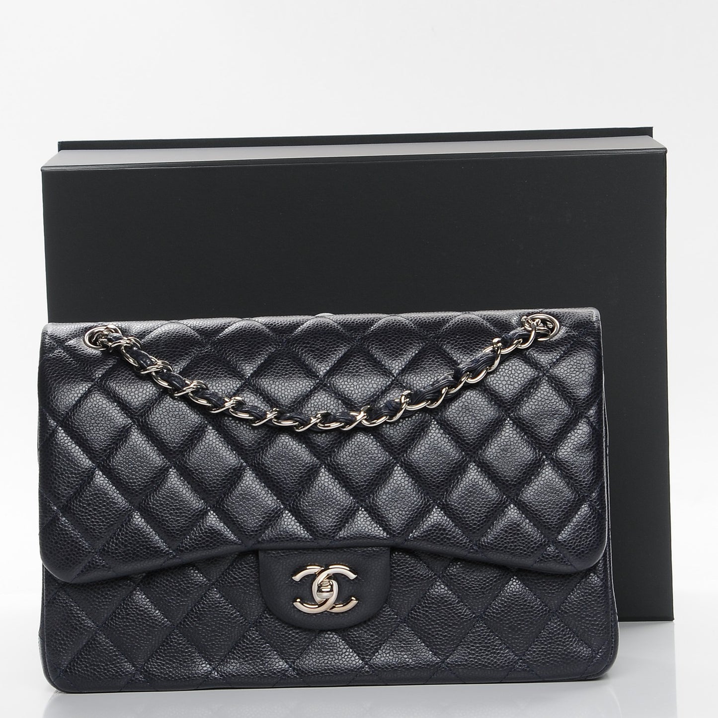 Caviar Quilted Jumbo Double Flap Navy Blue