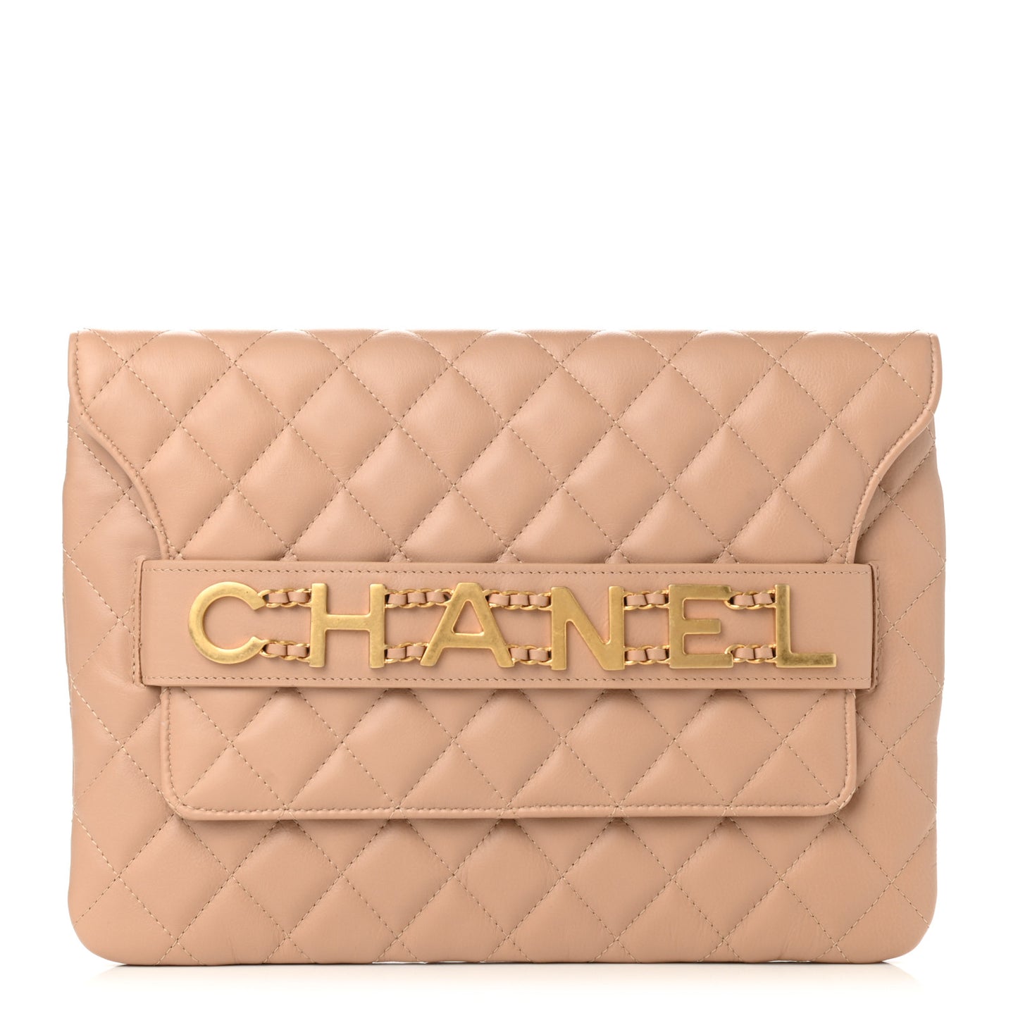 Calfskin Quilted Front Logo Enchained Clutch Beige