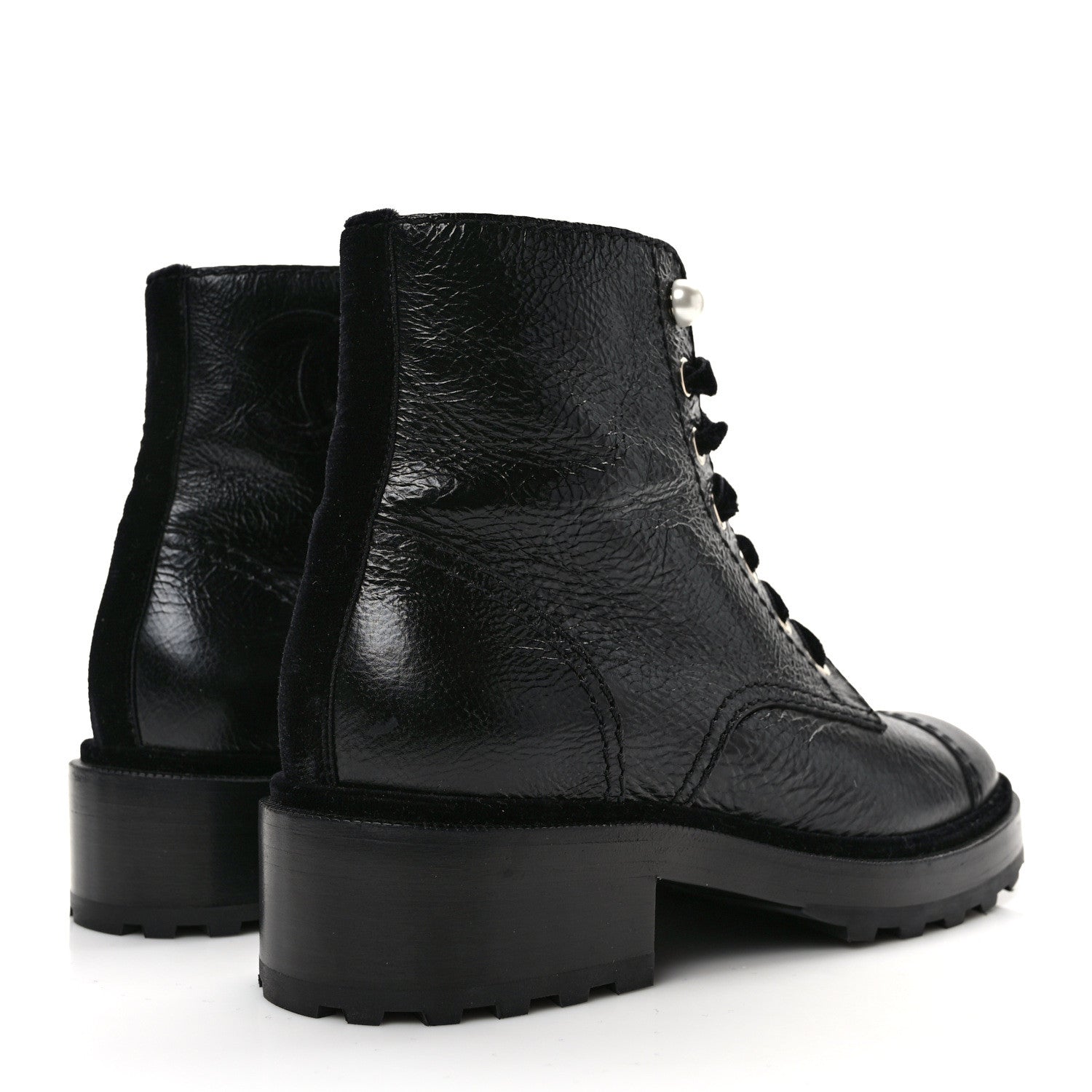 Chanel Shiny Calfskin Velvet Pearl Combat Short Boots 38.5 Black 4 of 9
