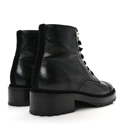 Chanel Shiny Calfskin Velvet Pearl Combat Short Boots 38.5 Black 4 of 9